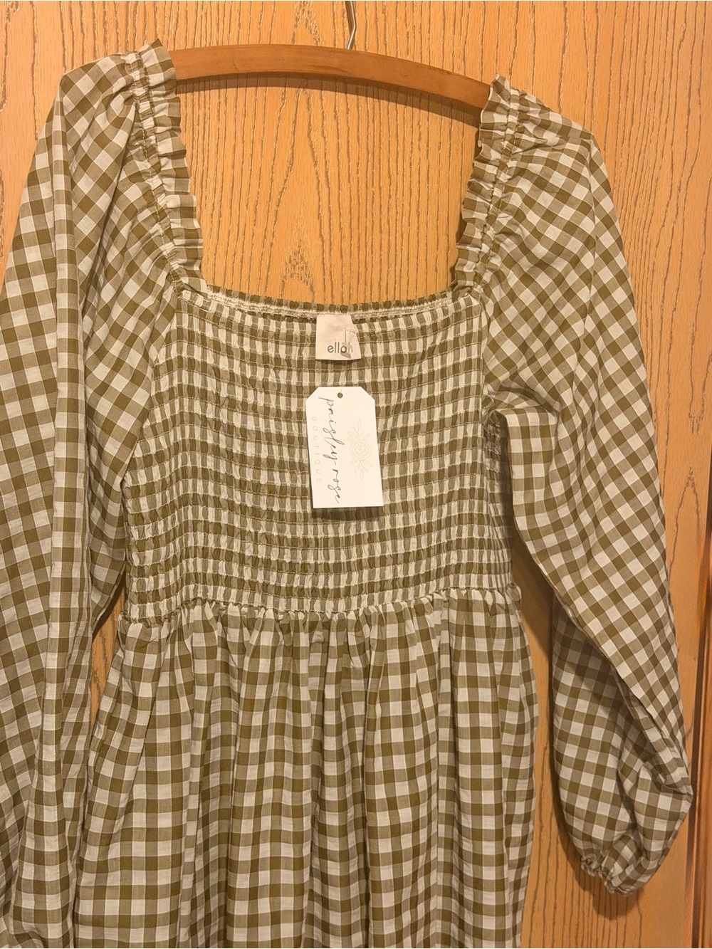 Smocked Gingham Maxi Dress in Olive Green - Picture 3 of 4